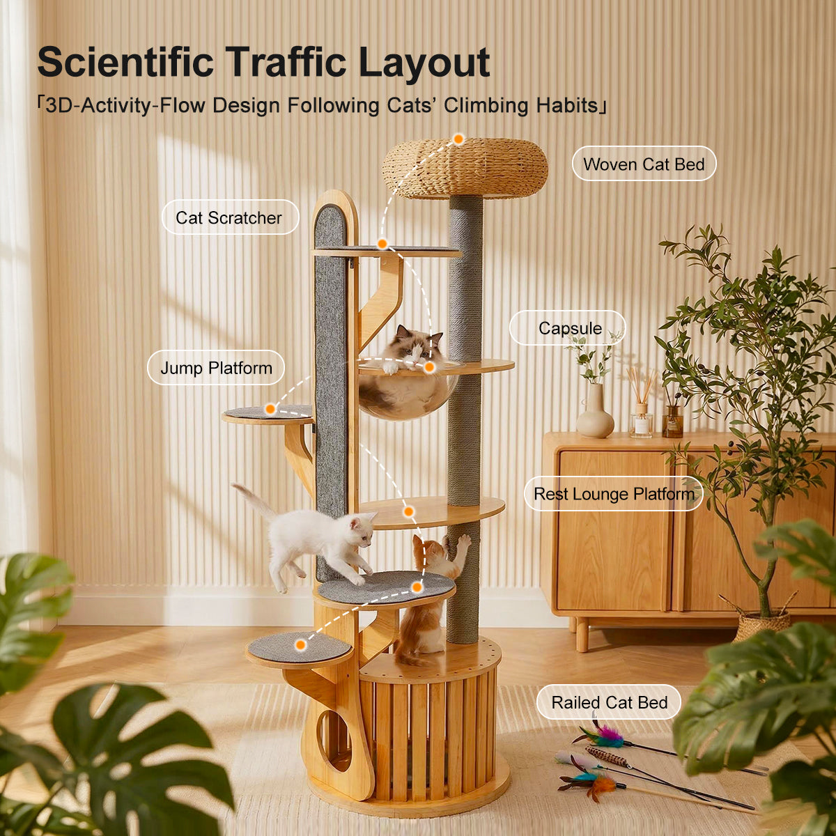 190cm Solid Wood Cat Tree with Scratching Posts & Cat Pod – Space-Saving Vertical Cat Tower