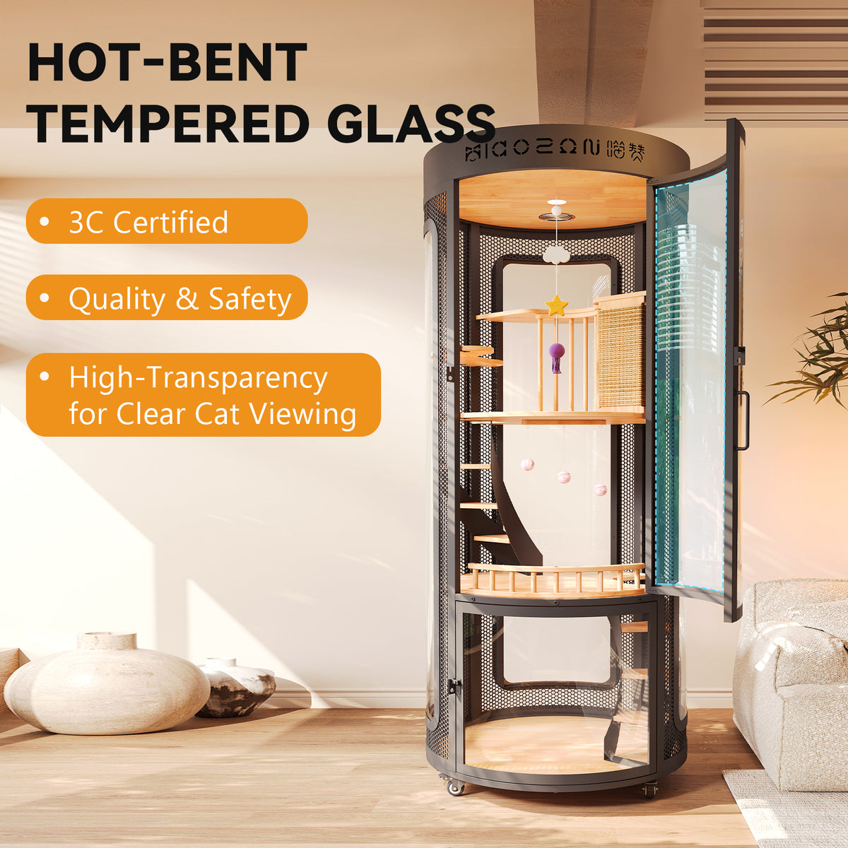 Extra Large Cat Cage Indoor, Cat Enclosure with Smart Air System, Panoramic Cat Villa, Large Cat House