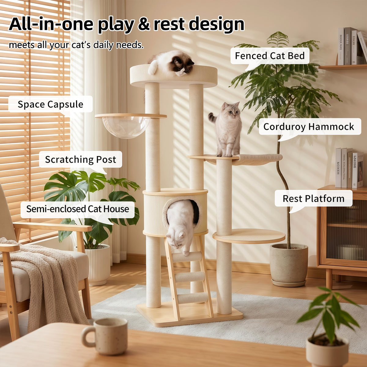OFW02 Modern Multi-Level Cat Tree with Cozy Cat House, Hammock & Scratching Posts