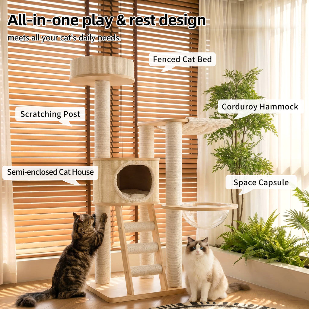 OFW03 Modern Multi-Level Cat Tree with Cozy Cat House, Hammock & Scratching Posts
