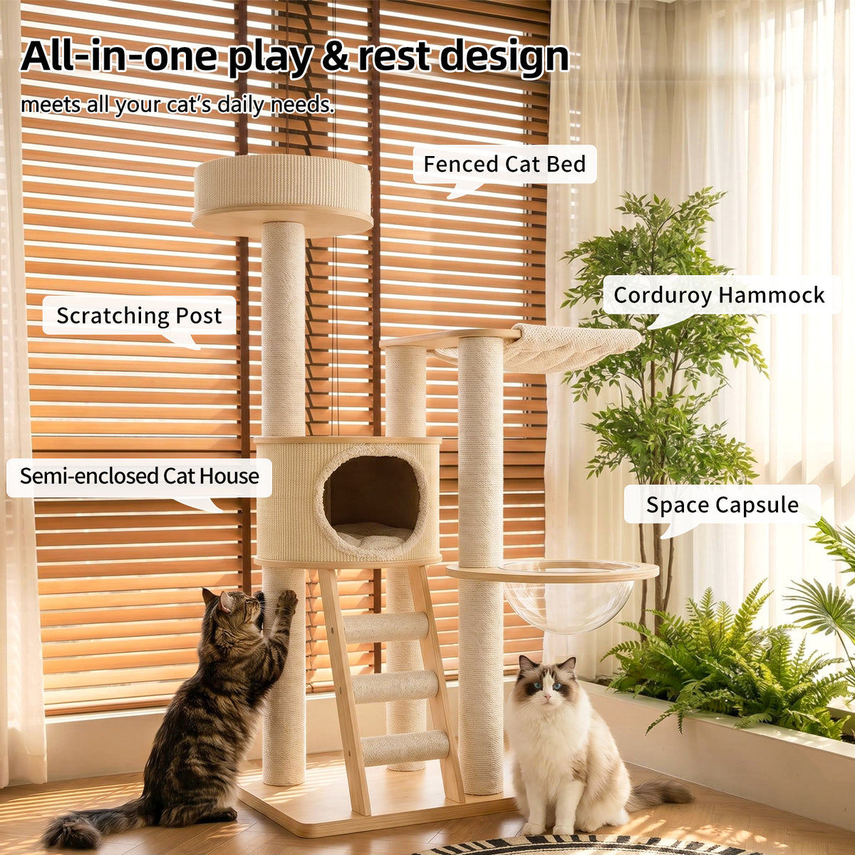 OFW03 Modern Multi-Level Cat Tree with Cozy Cat House, Hammock & Scratching Posts