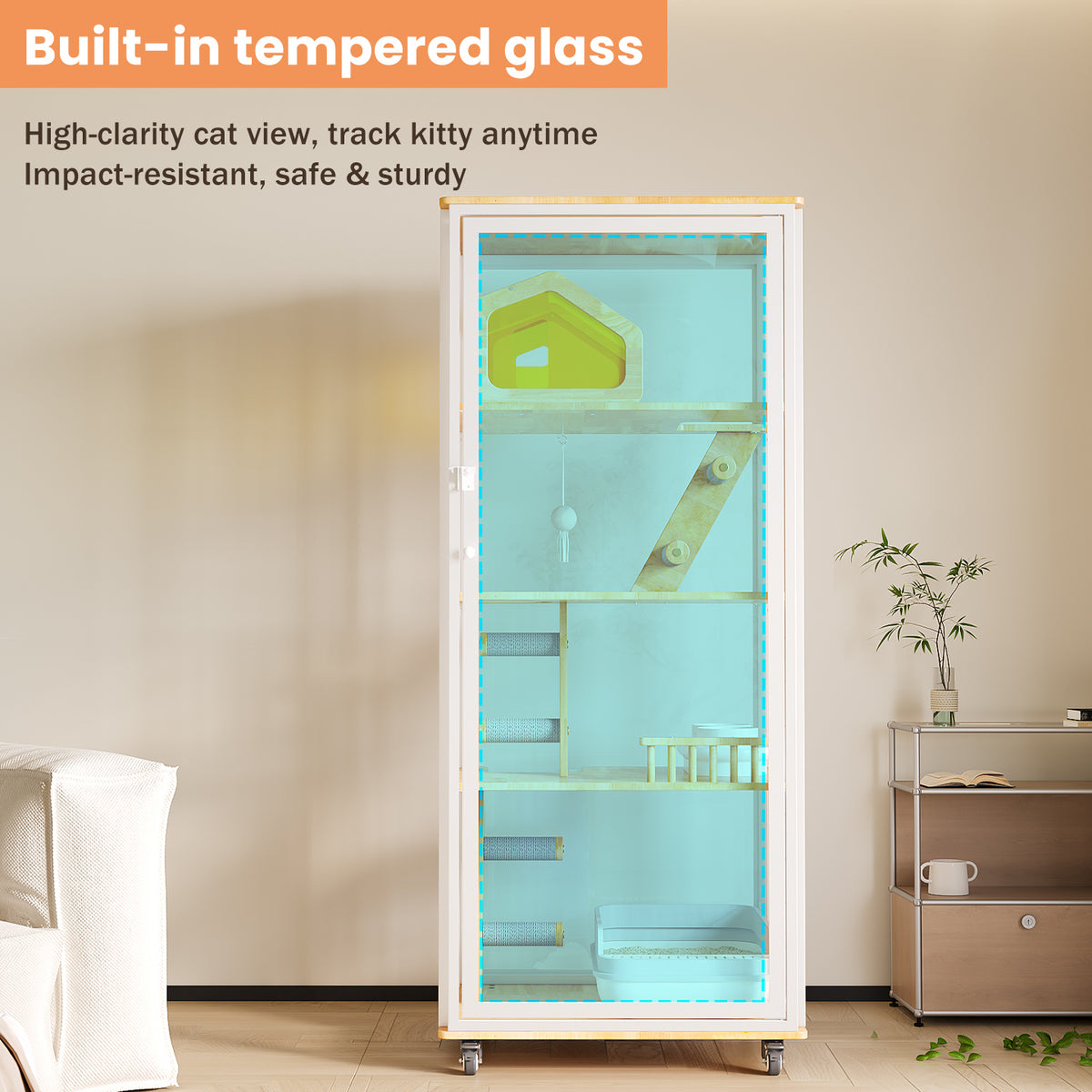Extra Large Cat Villa, Luxury Indoor Cat Cage with Panoramic Glass Cat House