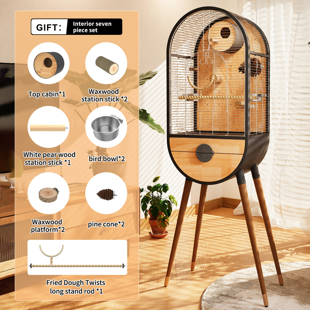 Free shipping | Luxury Parrot Cage Villa, Stainless Steel & Solid Wood Time Capsule House for Cockatiel-Free Shipping