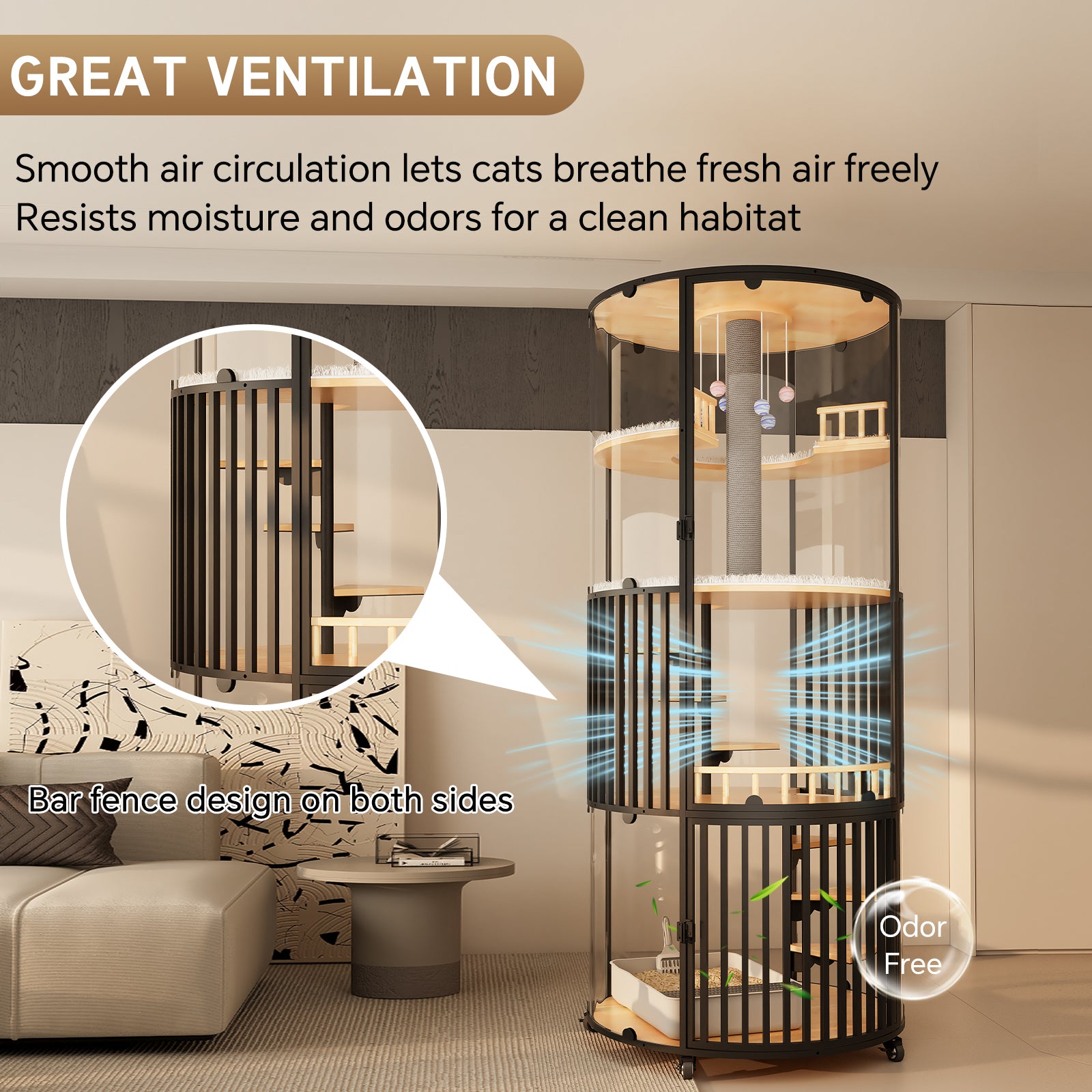 Large Cat Villa 73.7" Tall, 360° Panoramic Glass Cat Enclosure with Multi-Level Platforms, Scratching Post, Rotating Stairs—Indoor Cat Habitat for Large Cats