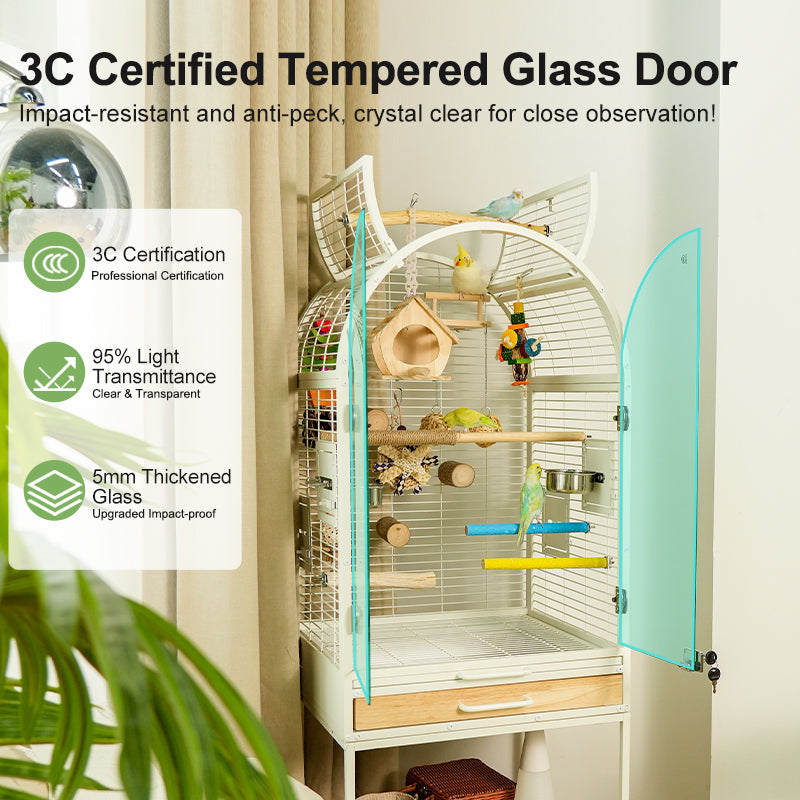 Large Wooden Parrot Cage – Luxury Bird Aviary with Stainless Steel Features, Easy-Clean Design & Anti-Splash Protection