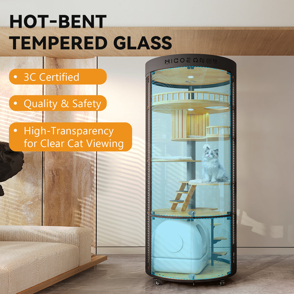 Large Cat Villa, 360° Full-View Cat Cage with Tempered Glass, Smart Ventilation & Heavy-Duty Carbon Steel Frame
