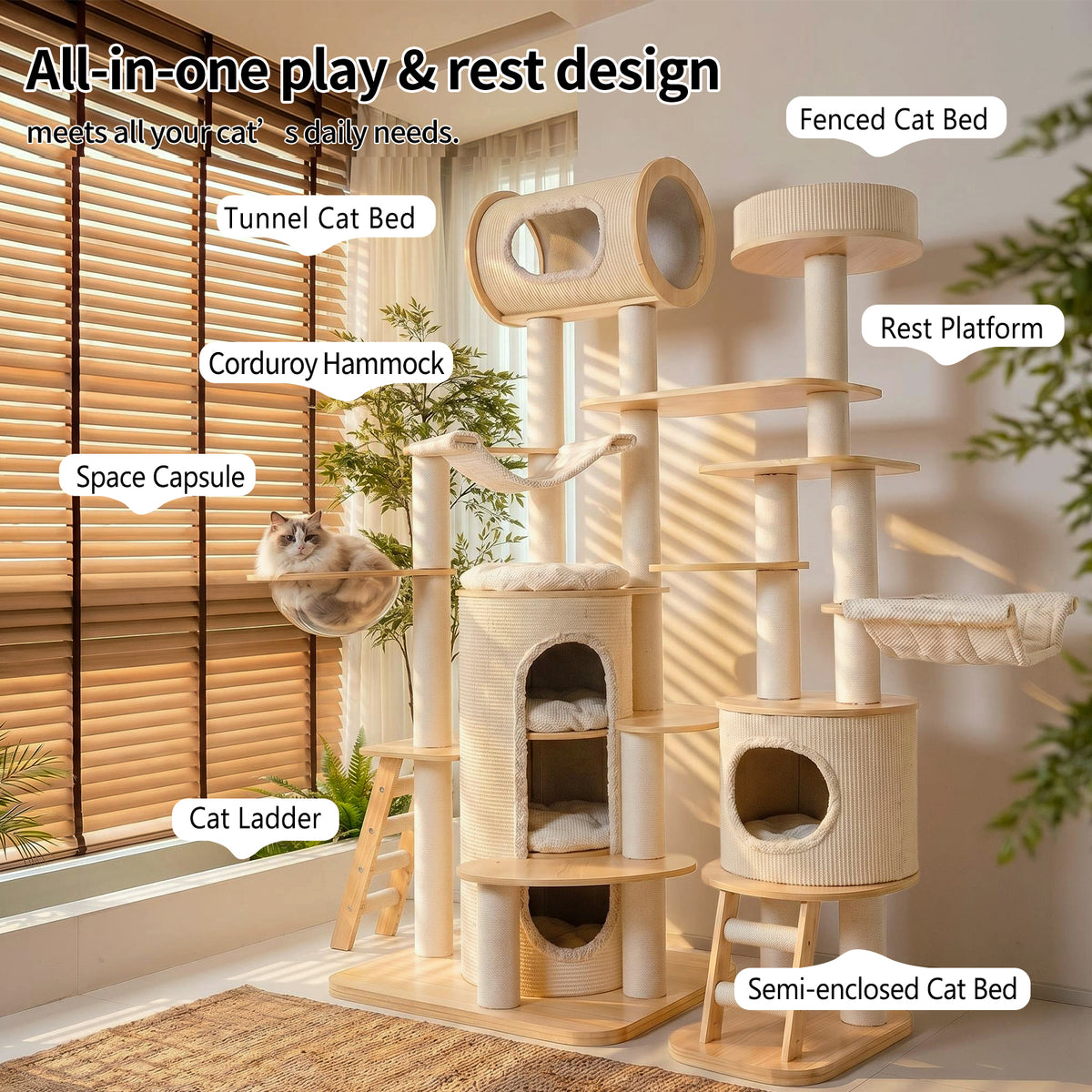 OFA07 Large Cat Tree for Indoor Cats, Multi-Level Wooden Cat Tower with Scratching Posts, Cat Condo & Cozy Cat House for Multiple Cats