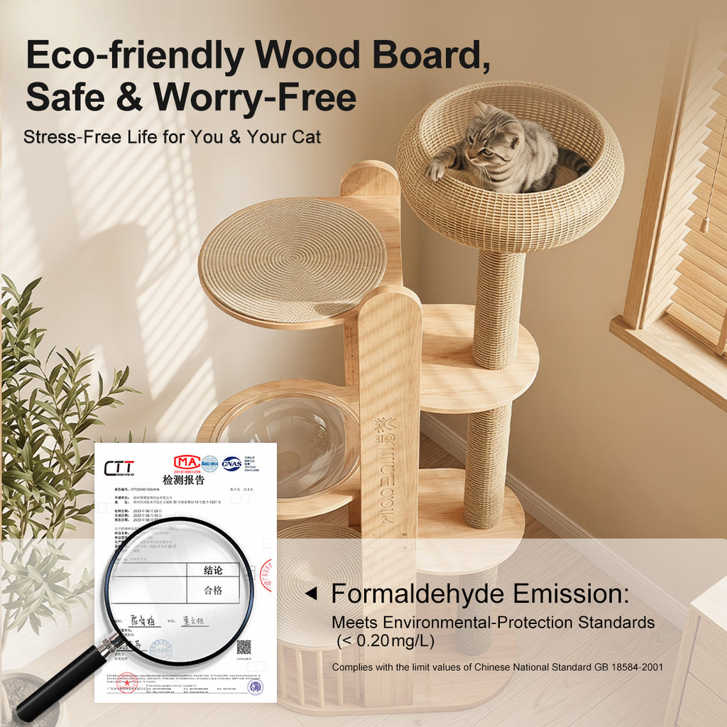 Large Solid Wood Cat Tree for Multiple Cats – Space-Saving Vertical Cat Tower with Scratching Posts & Hammock