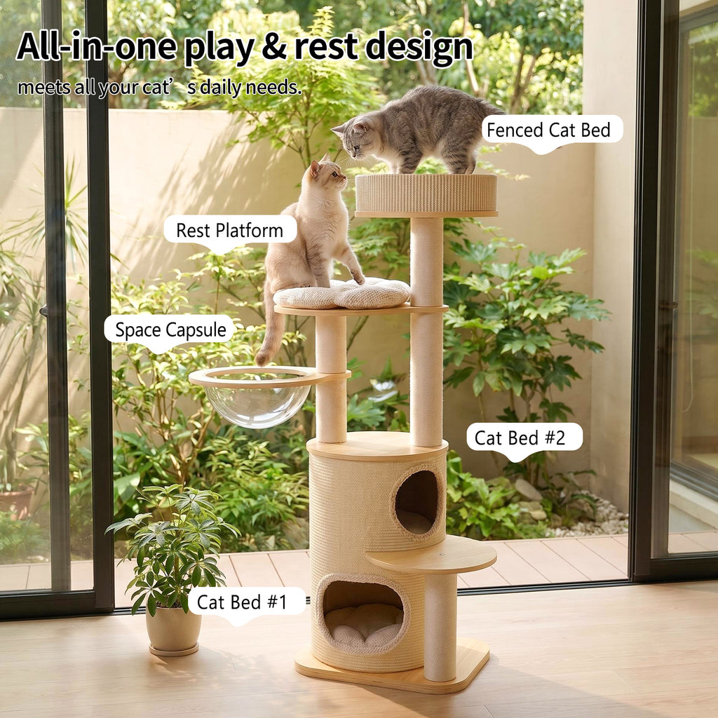 OFA03 Large Cat Tree for Indoor Cats, Multi-Level Wooden Cat Tower with Scratching Posts, Cat Condo & Cozy Cat House for Multiple Cats