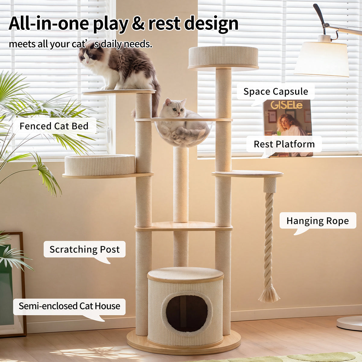 OFW01 Modern Multi-Level Cat Tree with Cozy Cat House, Hammock & Scratching Posts