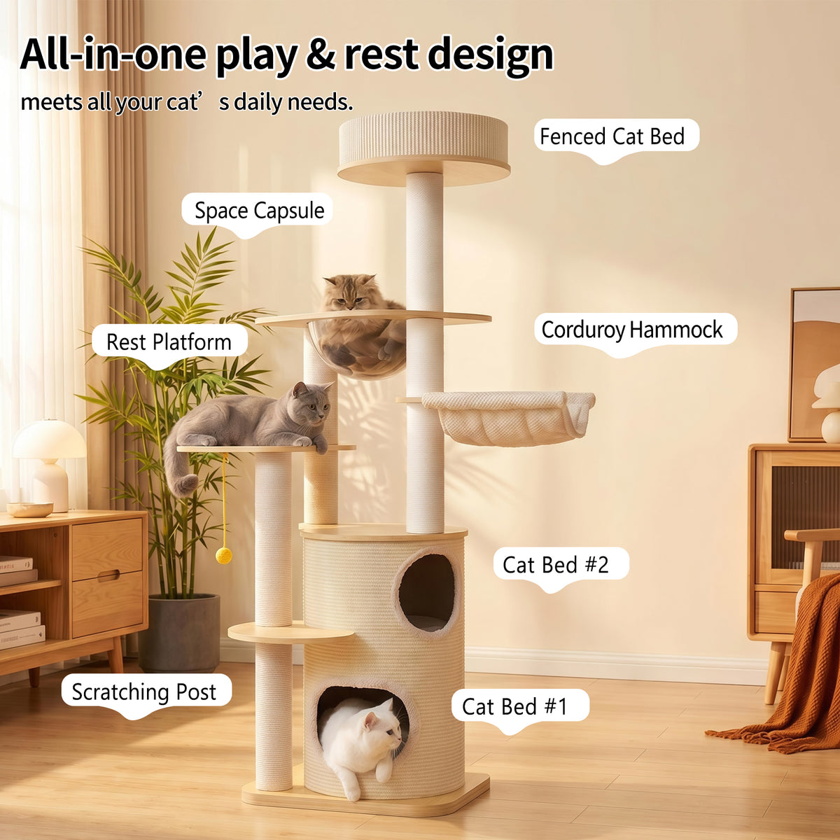 OFA04 Large Cat Tree for Indoor Cats, Multi-Level Wooden Cat Tower with Scratching Posts, Cat Condo & Cozy Cat House for Multiple Cats