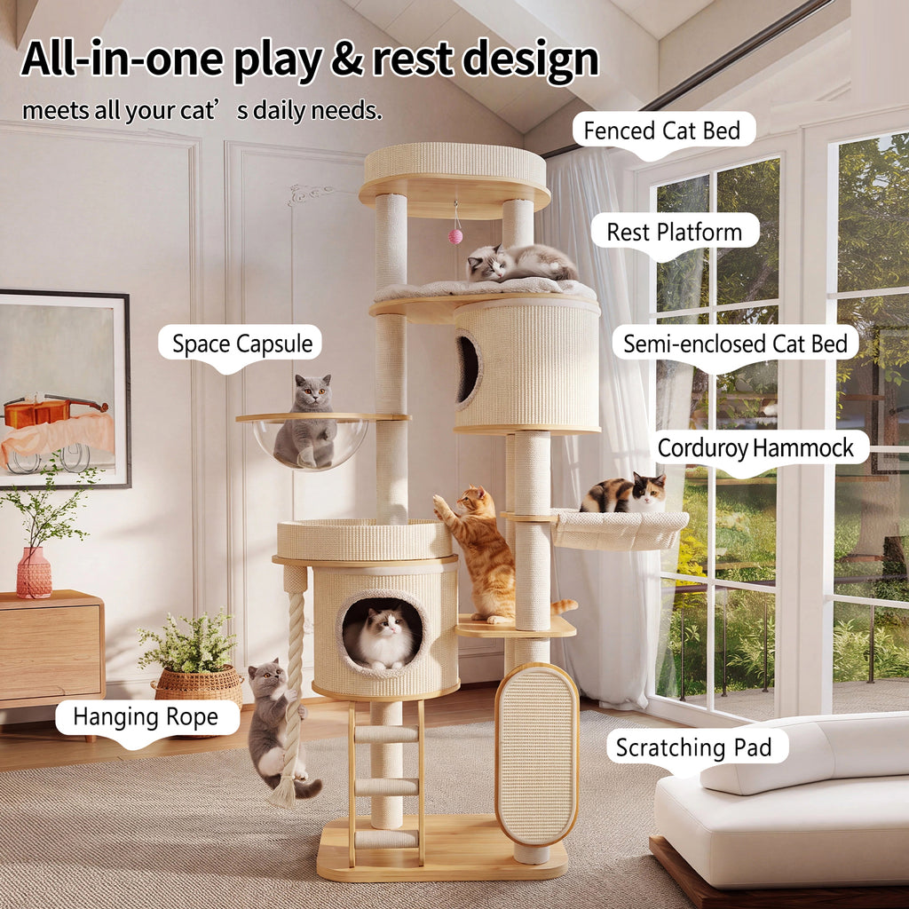 OFA05 Large Cat Tree for Indoor Cats, Multi-Level Wooden Cat Tower with Scratching Posts, Cat Condo & Cozy Cat House for Multiple Cats
