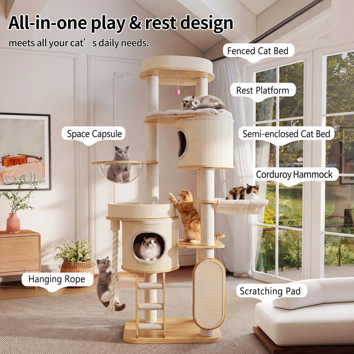 OFA05 Large Cat Tree for Indoor Cats, Multi-Level Wooden Cat Tower with Scratching Posts, Cat Condo & Cozy Cat House for Multiple Cats