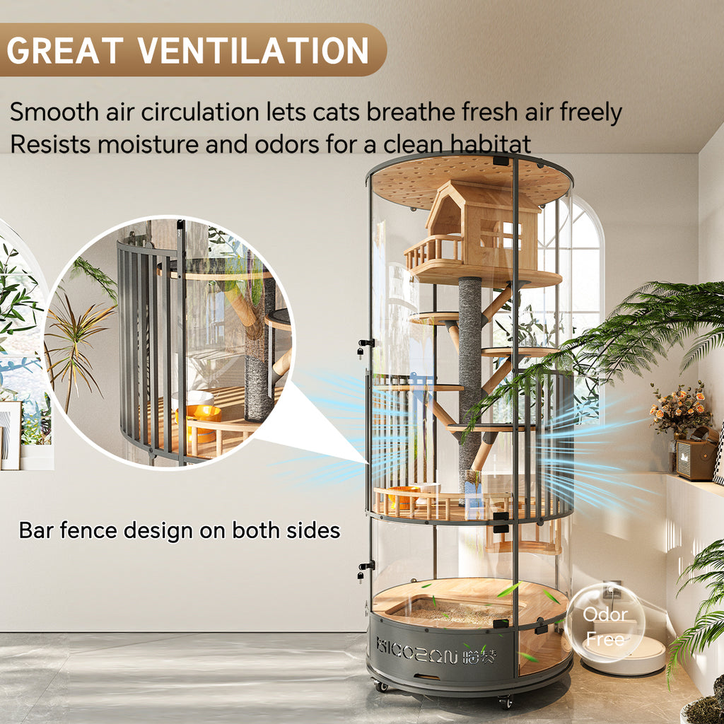 Premium 360° Transparent Glass Cat Condo – Multi-Level Luxury Cat Tower with Double-Door Design