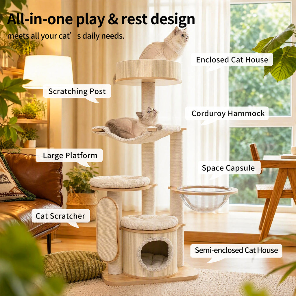 OFA01 Large Cat Tree for Indoor Cats, Multi-Level Wooden Cat Tower with Scratching Posts, Cat Condo & Cozy Cat House for Multiple Cats