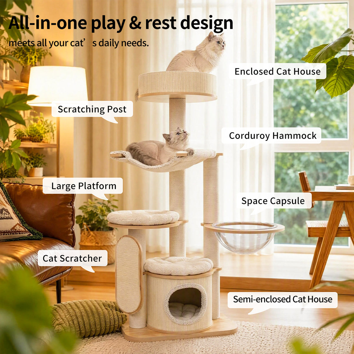 OFA01 Large Cat Tree for Indoor Cats, Multi-Level Wooden Cat Tower with Scratching Posts, Cat Condo & Cozy Cat House for Multiple Cats