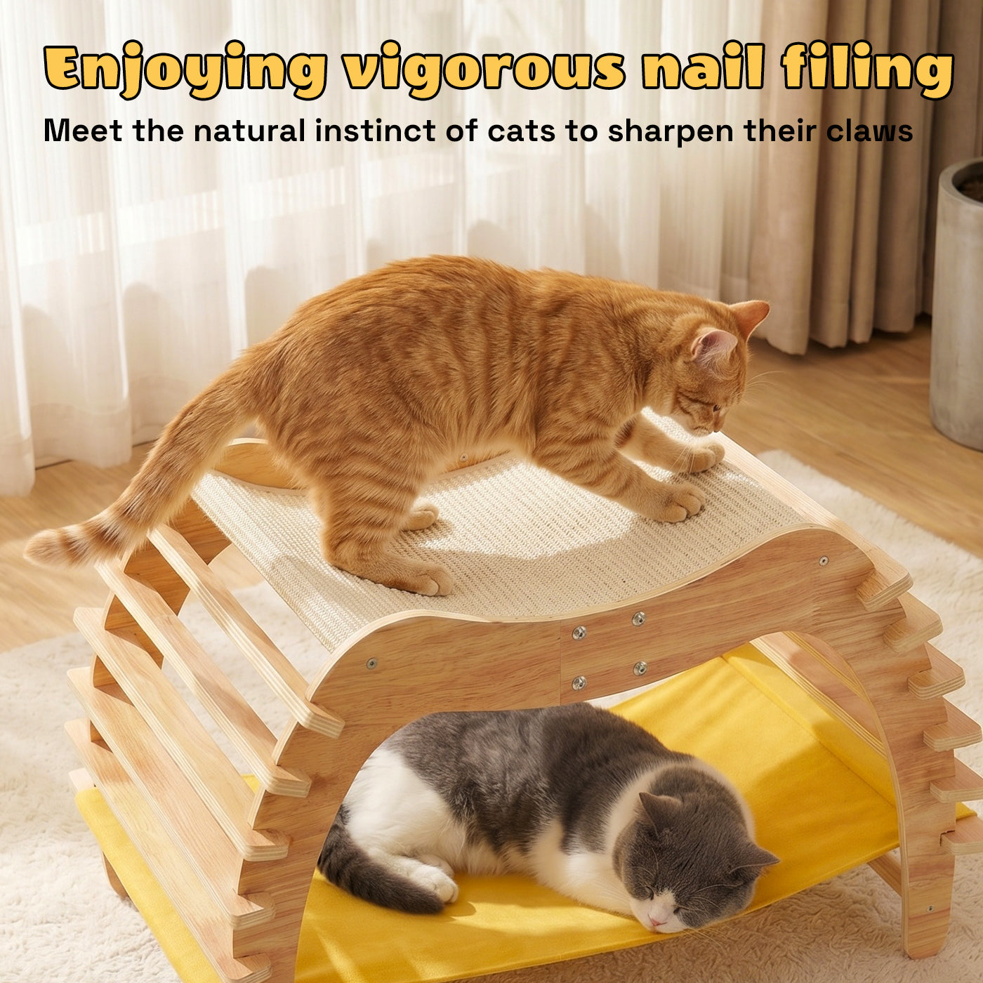 3-in-1 Sisal Cat Scratcher Bed, Cat Hammock Lounge with Solid Wood Frame, Durable Pad & Perch for Large Indoor Cats, Easy Assembly Cat Furniture