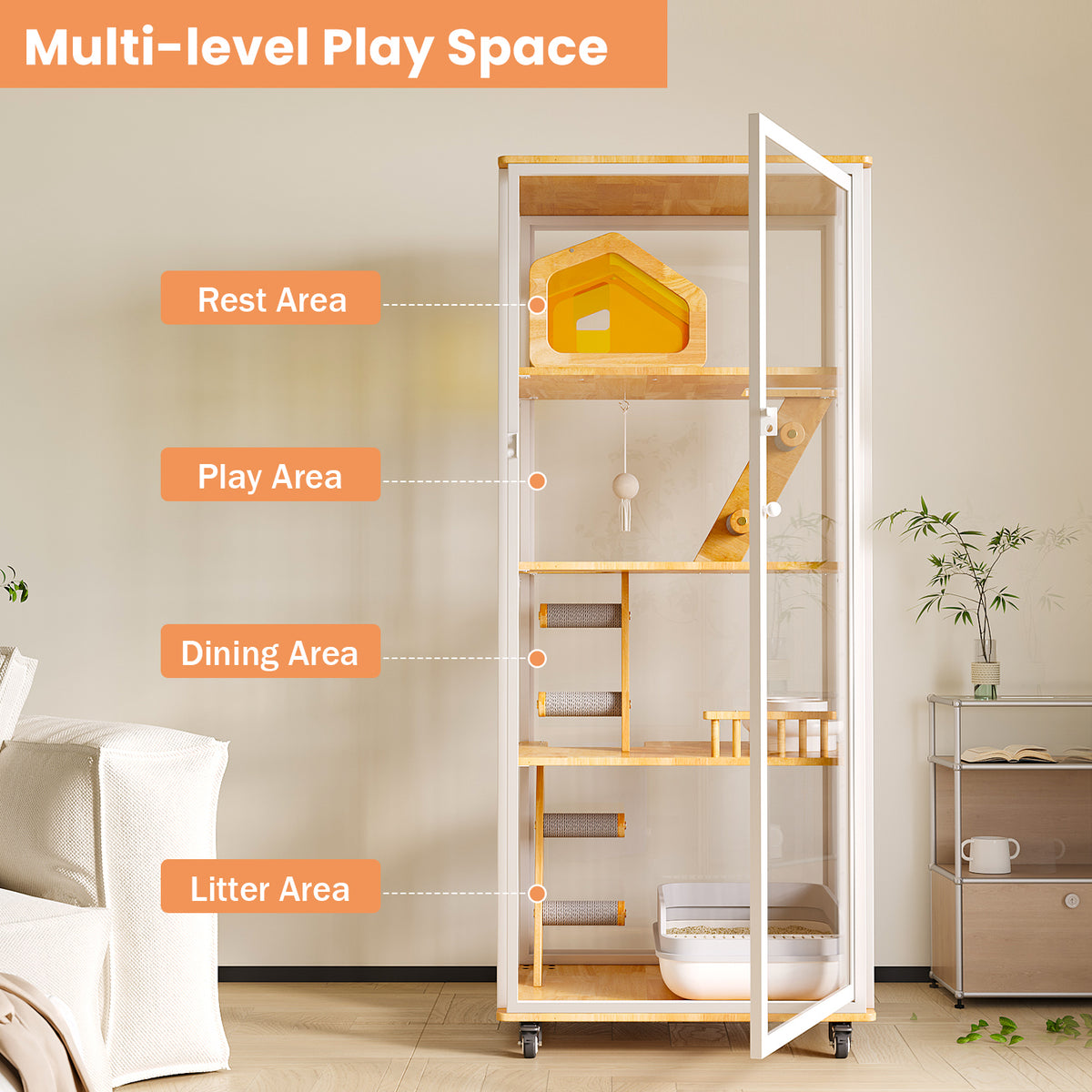 Extra Large Cat Villa, Luxury Indoor Cat Cage with Panoramic Glass Cat House