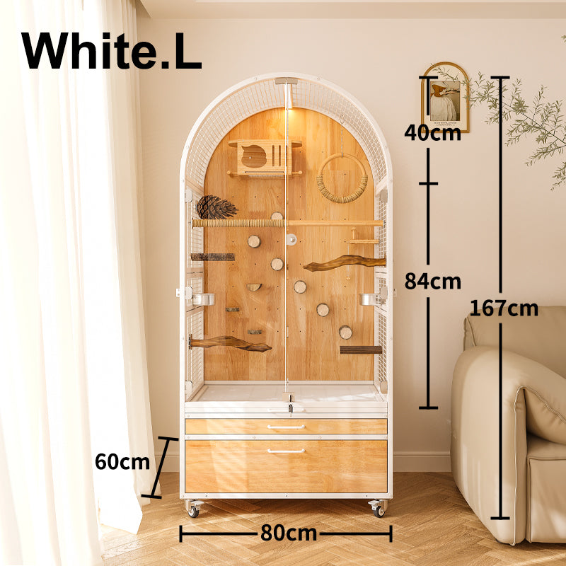 Large Wooden Parrot Cage – Luxury Bird Aviary with Stainless Steel Features, Easy-Clean Design & Anti-Splash Protection