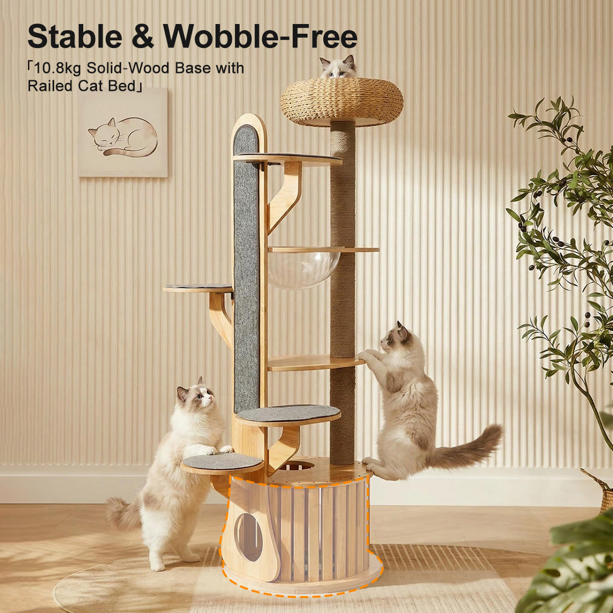 190cm Solid Wood Cat Tree with Scratching Posts & Cat Pod – Space-Saving Vertical Cat Tower