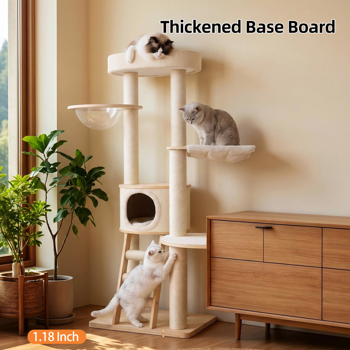 OFW02 Modern Multi-Level Cat Tree with Cozy Cat House, Hammock & Scratching Posts