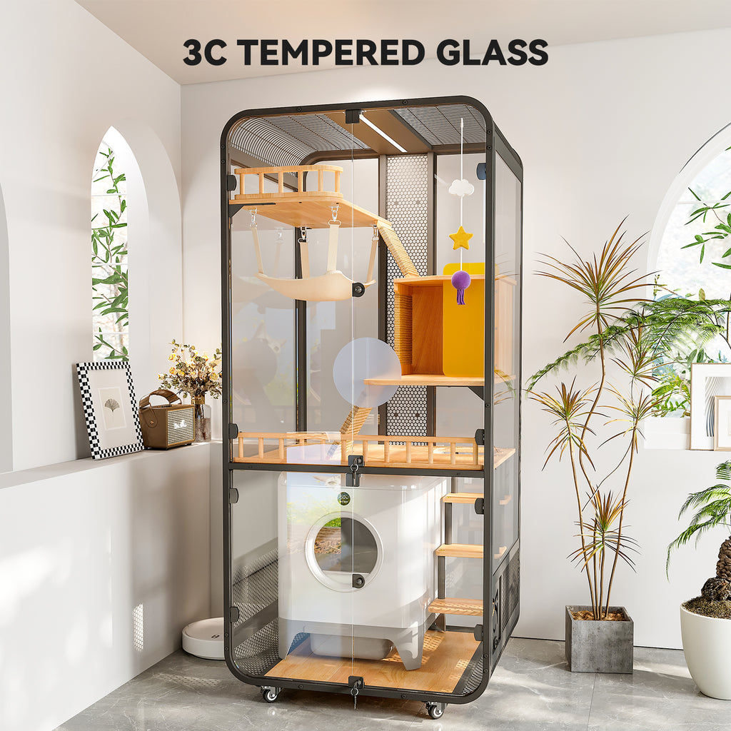 Modern Indoor Cat Condo – Space-Saving Cat Enclosure with Room for a Smart Litter Box, Balcony & Small Apartment Use