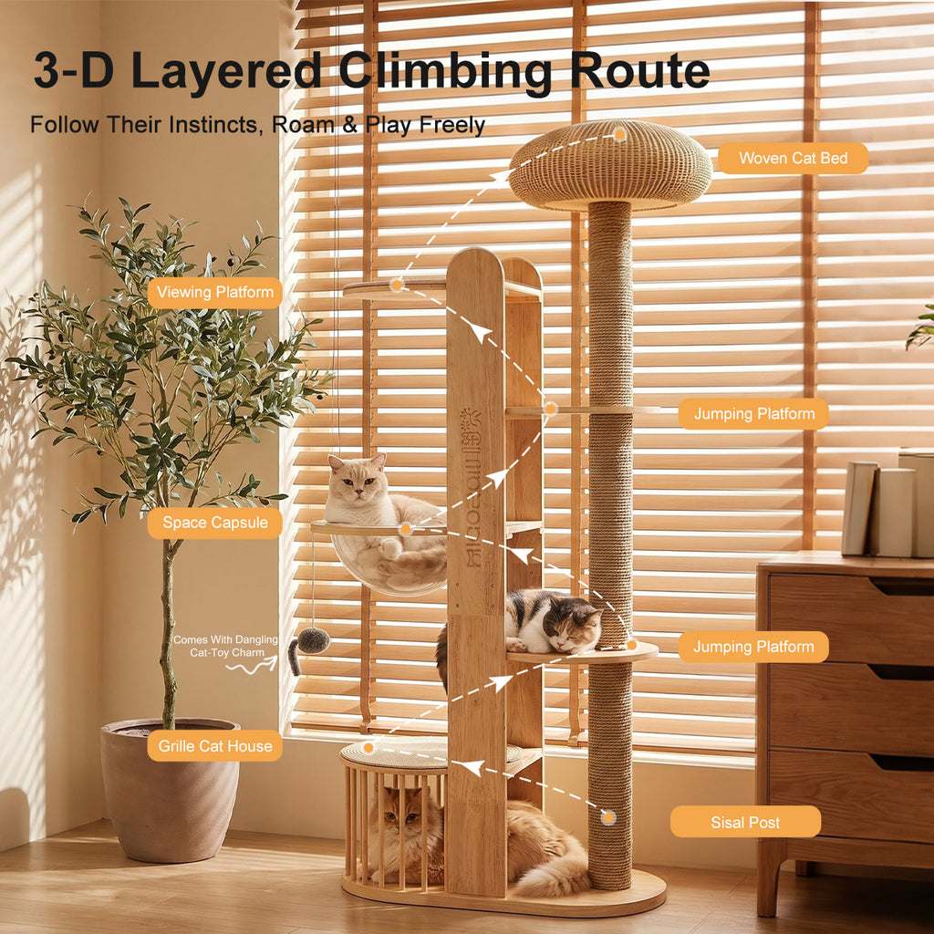Large Solid Wood Cat Tree for Multiple Cats – Space-Saving Vertical Cat Tower with Scratching Posts & Hammock