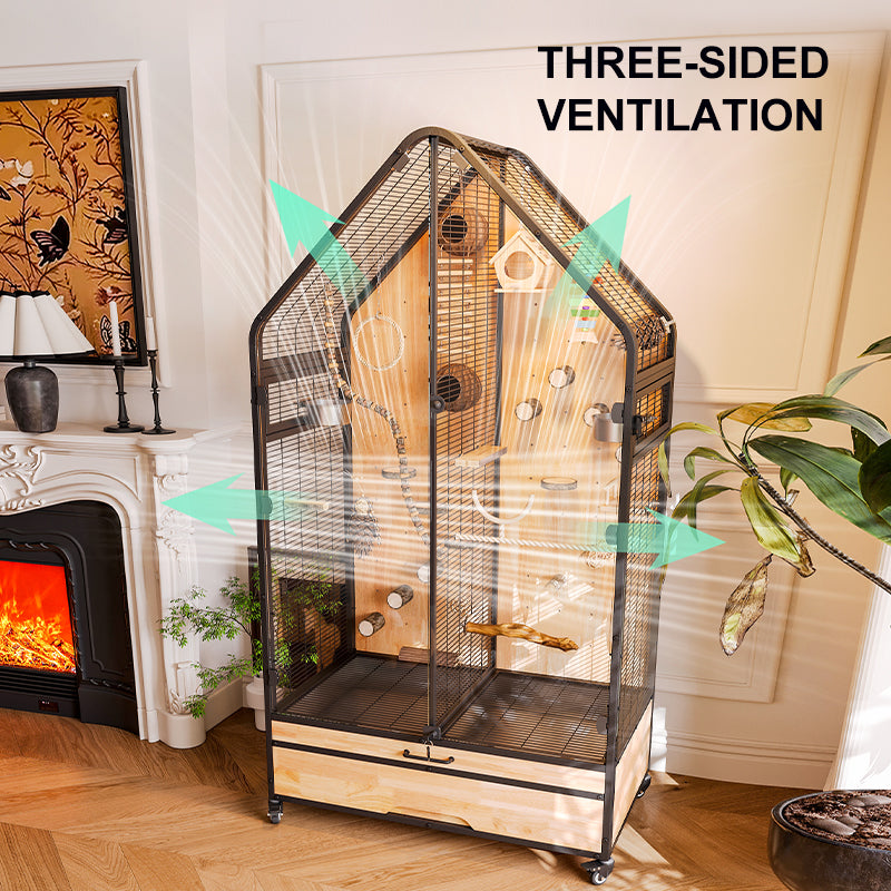 Free shipping | Large Panoramic Bird Cage Wrought Iron | Luxury Parrot Aviary Villa for African Grey, Cockatiel, Monk Parakeet
