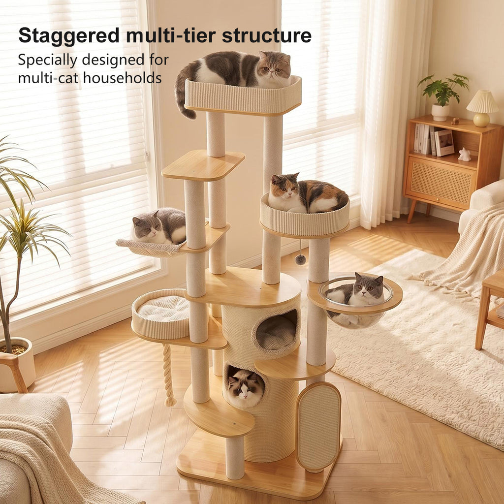 OFA06 Modern Multi-Level Cat Tree with Cozy Cat House, Hammock & Scratching Posts