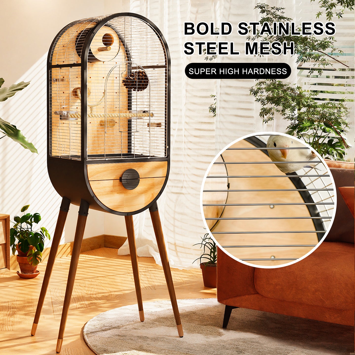 Free shipping | Luxury Parrot Cage Villa, Stainless Steel & Solid Wood Time Capsule House for Cockatiel-Free Shipping