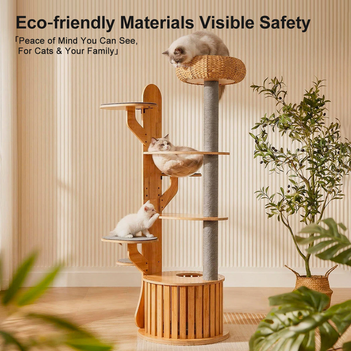 190cm Solid Wood Cat Tree with Scratching Posts & Cat Pod – Space-Saving Vertical Cat Tower