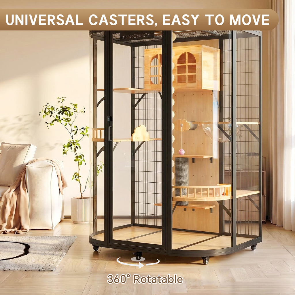 Large Cat Enclosure Indoor with LED Light | 74.8" Tall Glass Cat Condo | 360° Rotatable Cat Villa with Multi-Level Platforms for Multiple Cats