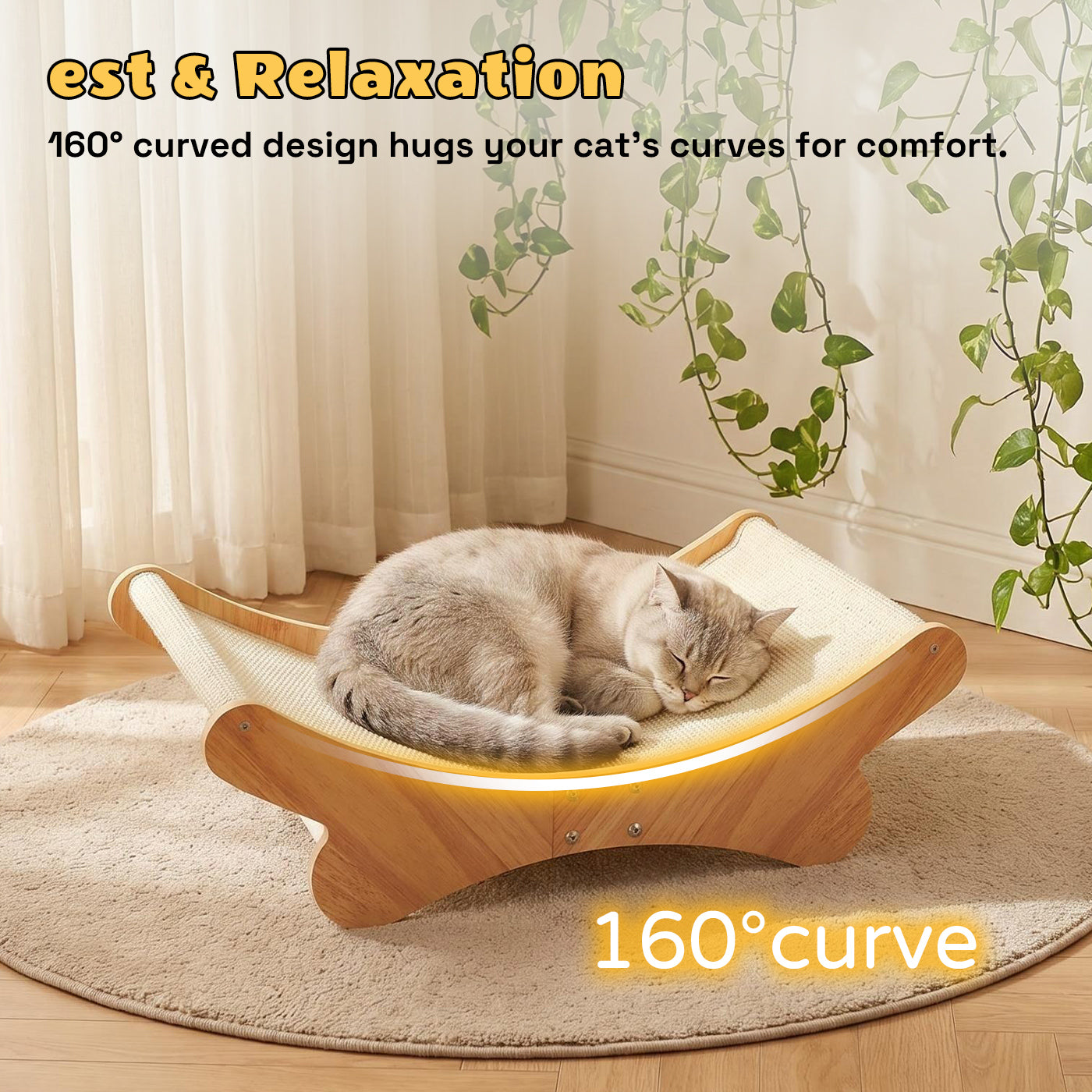 3-in-1 Sisal Cat Scratcher Bed, Cat Hammock Lounge with Solid Wood Frame, Durable Pad & Perch for Large Indoor Cats, Easy Assembly Cat Furniture