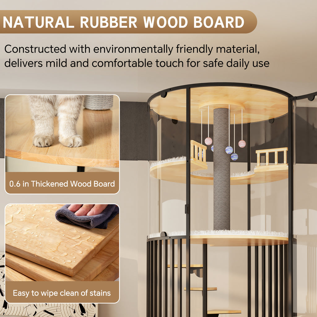 Large Cat Villa 73.7" Tall, 360° Panoramic Glass Cat Enclosure with Multi-Level Platforms, Scratching Post, Rotating Stairs—Indoor Cat Habitat for Large Cats