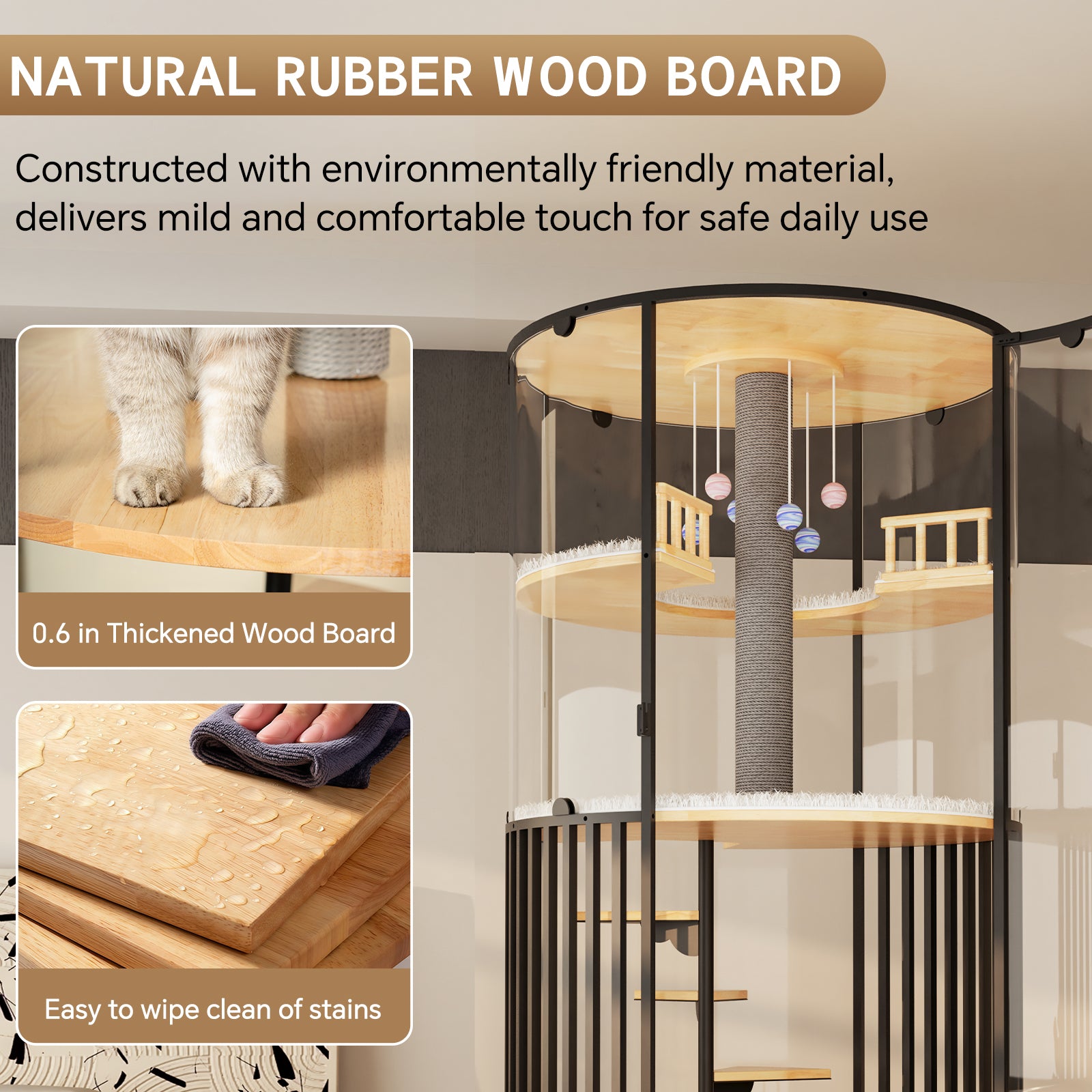 Large Cat Villa 73.7" Tall, 360° Panoramic Glass Cat Enclosure with Multi-Level Platforms, Scratching Post, Rotating Stairs—Indoor Cat Habitat for Large Cats