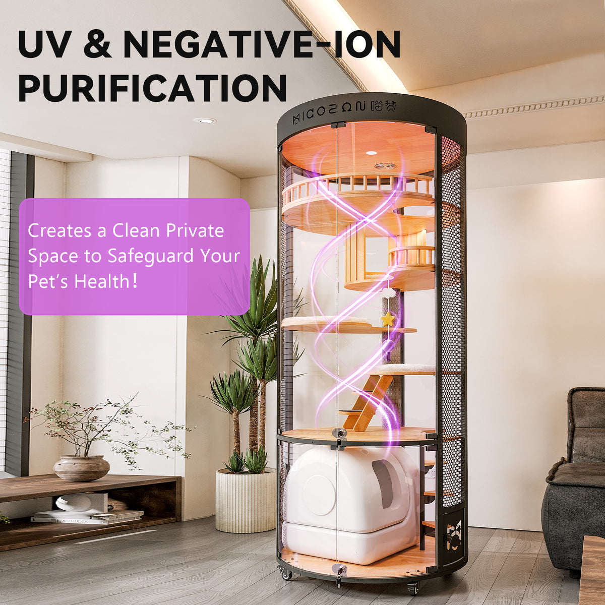 Large Cat Villa, 360° Full-View Cat Cage with Tempered Glass, Smart Ventilation & Heavy-Duty Carbon Steel Frame