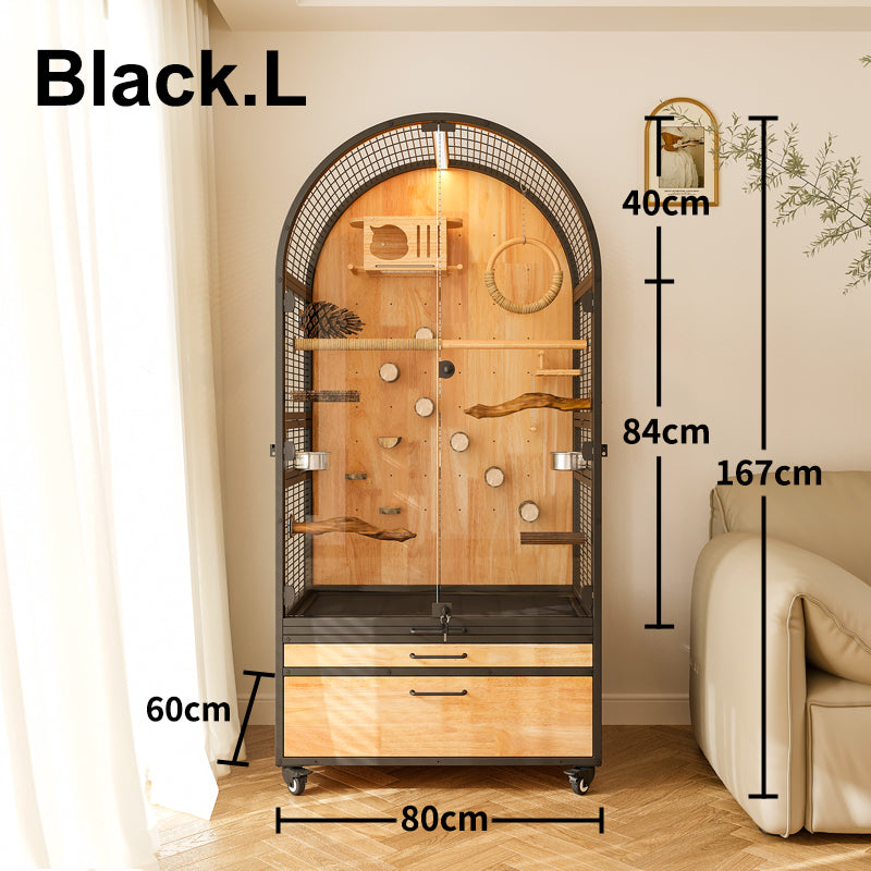 Large Wooden Parrot Cage – Luxury Bird Aviary with Stainless Steel Features, Easy-Clean Design & Anti-Splash Protection