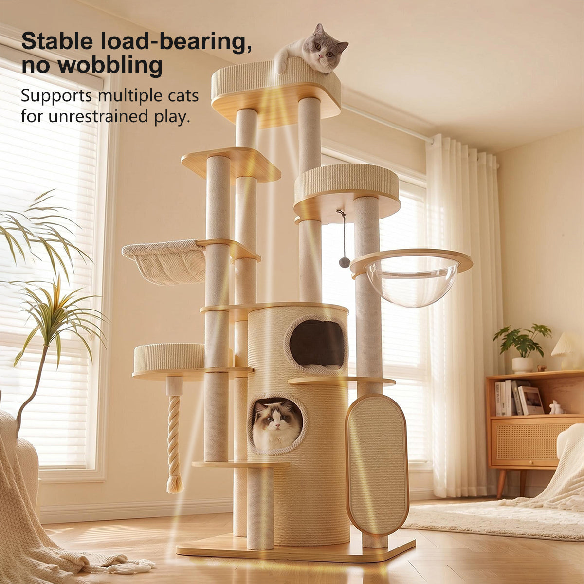 OFA06 Modern Multi-Level Cat Tree with Cozy Cat House, Hammock & Scratching Posts