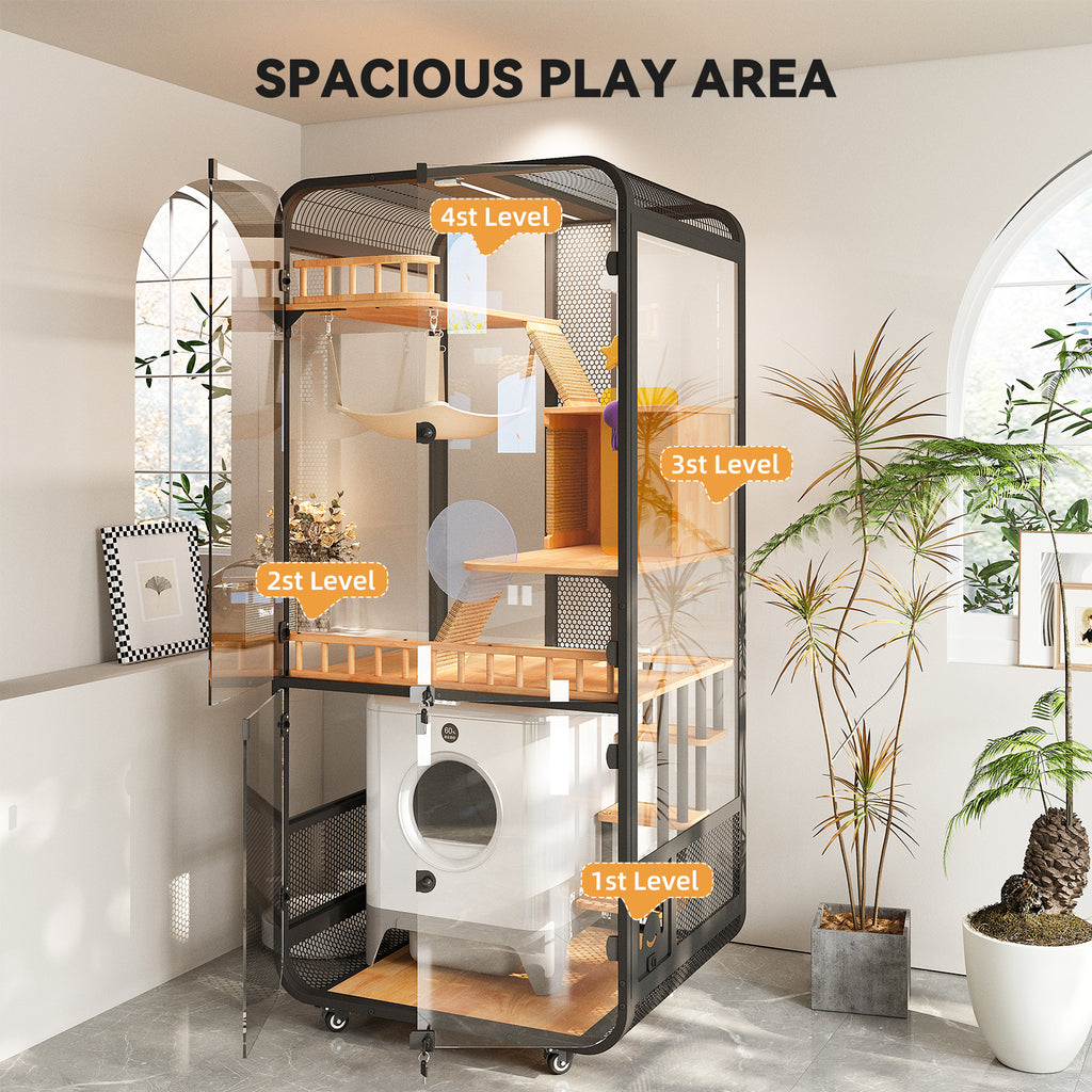 Modern Indoor Cat Condo – Space-Saving Cat Enclosure with Room for a Smart Litter Box, Balcony & Small Apartment Use