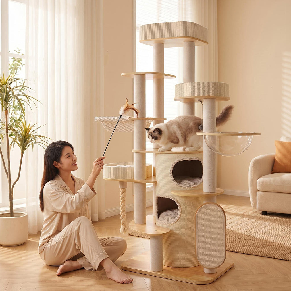 OFA06 Modern Multi-Level Cat Tree with Cozy Cat House, Hammock & Scratching Posts