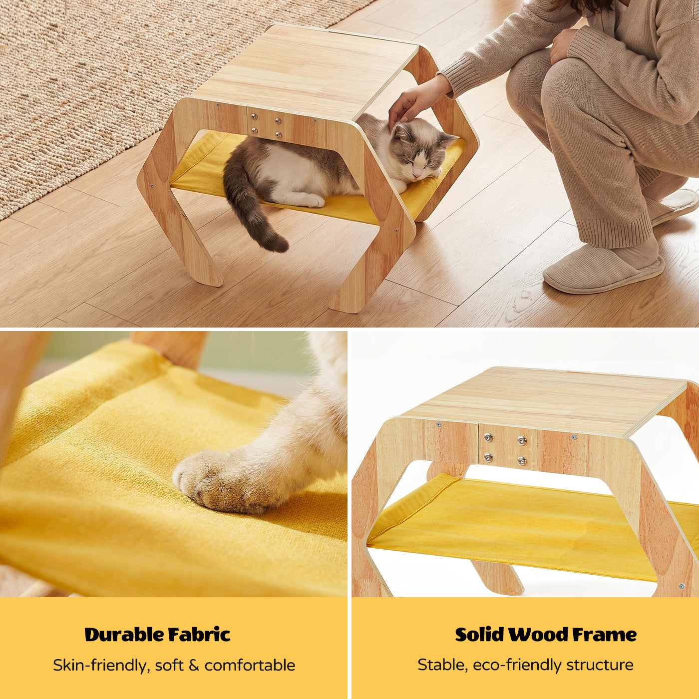 3-in-1 Sisal Cat Scratcher Bed, Cat Hammock Lounge with Solid Wood Frame, Durable Pad & Perch for Large Indoor Cats, Easy Assembly Cat Furniture