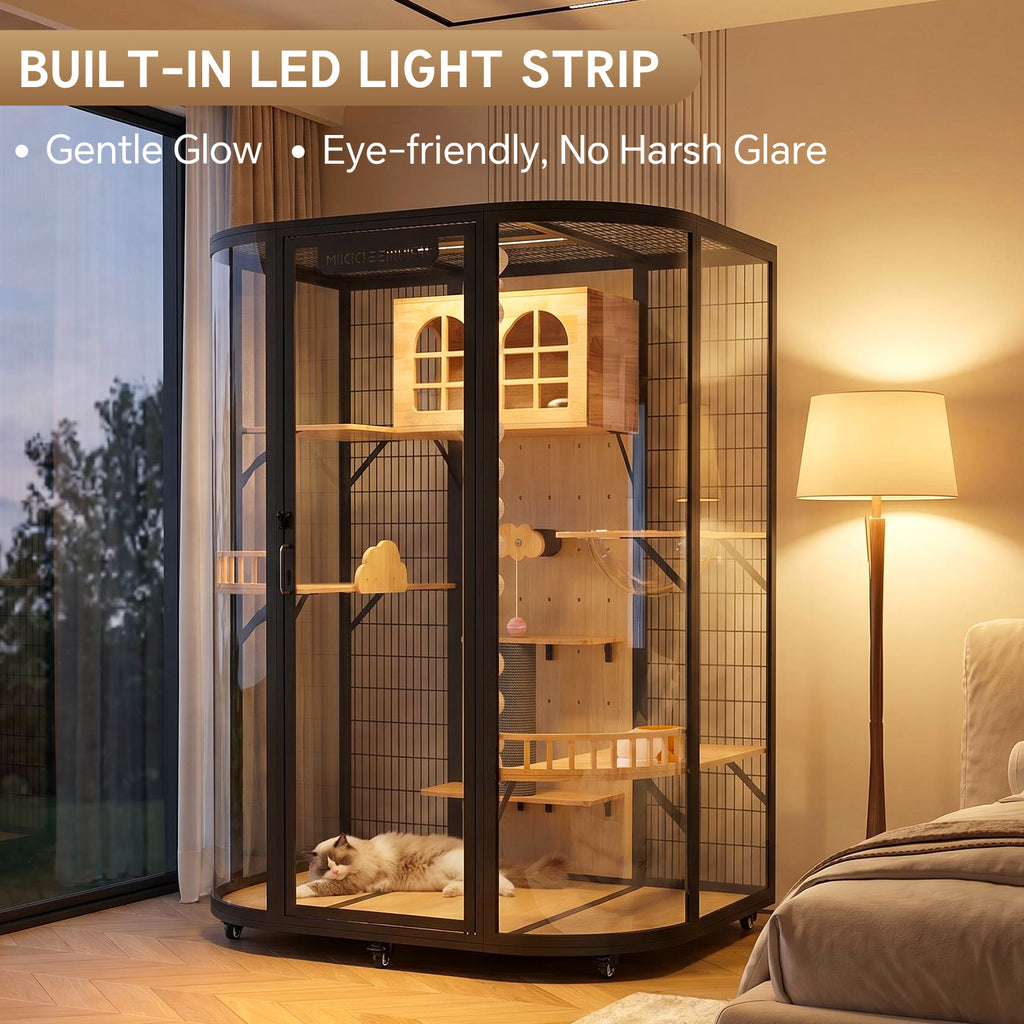 Large Cat Enclosure Indoor with LED Light | 74.8" Tall Glass Cat Condo | 360° Rotatable Cat Villa with Multi-Level Platforms for Multiple Cats