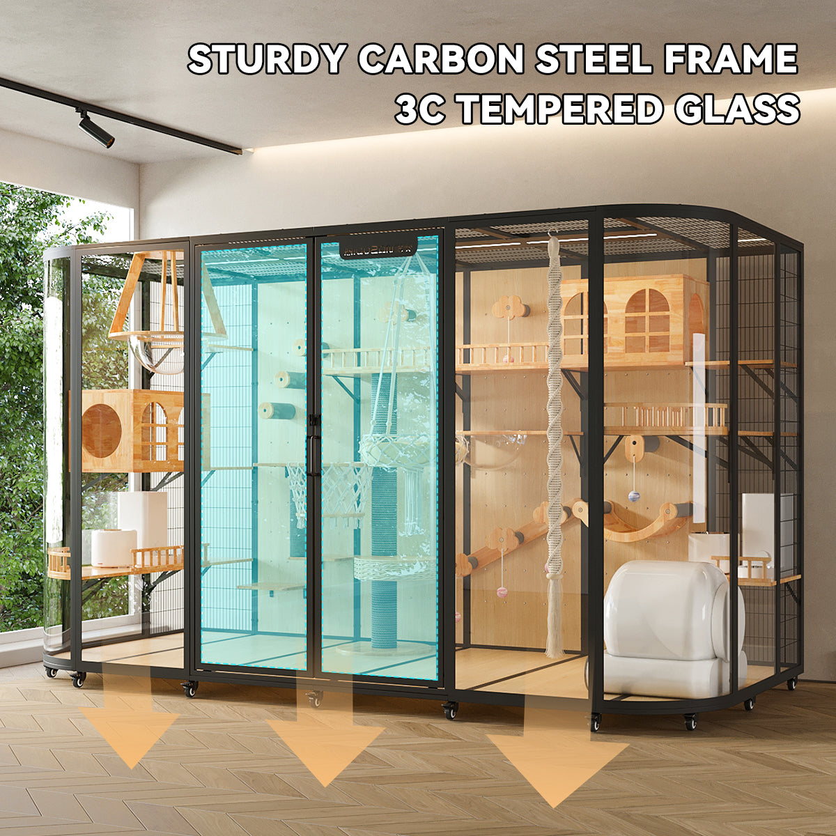 Extra Large Cat Villa, Luxury Indoor Cat House with Panoramic Tempered Glass, Spacious Cat Enclosure for Indoor Cats, Large Cat Cage Furniture, Modern Cat Mansion