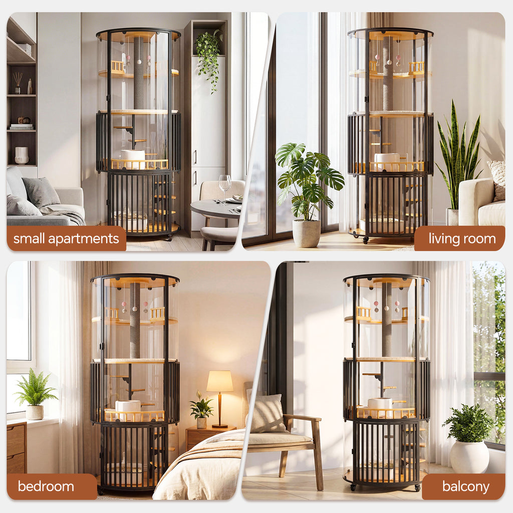 Large Cat Villa 73.7" Tall, 360° Panoramic Glass Cat Enclosure with Multi-Level Platforms, Scratching Post, Rotating Stairs—Indoor Cat Habitat for Large Cats