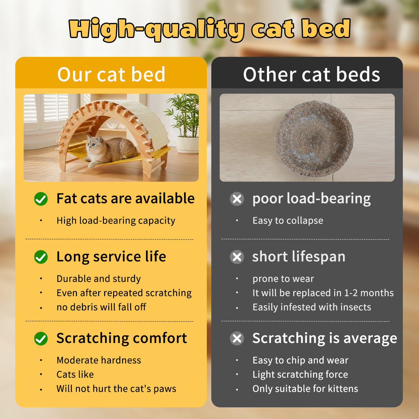 3-in-1 Sisal Cat Scratcher Bed, Cat Hammock Lounge with Solid Wood Frame, Durable Pad & Perch for Large Indoor Cats, Easy Assembly Cat Furniture