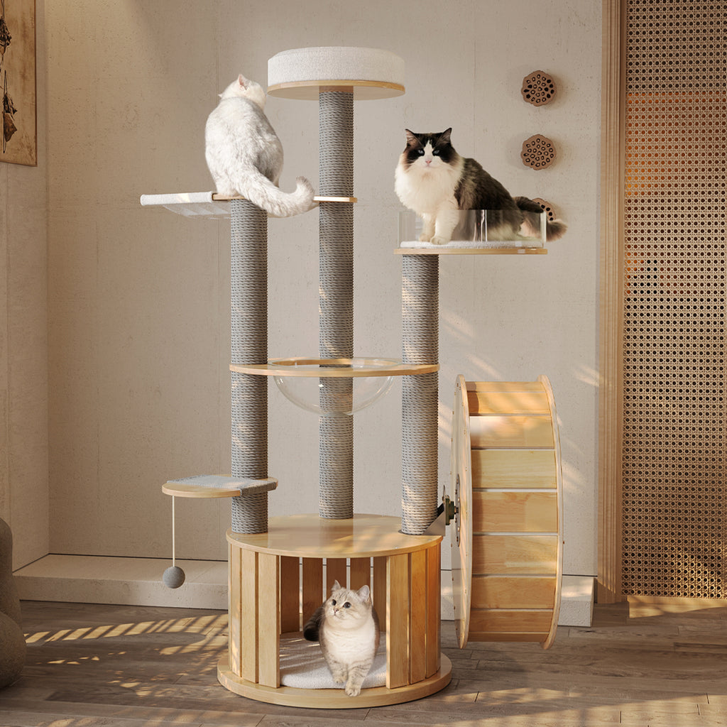 Treadmill Large Cat Tree for Indoor Cats, Multi-Level Wooden Cat Tower with Scratching Posts, Cat Condo & Cozy Cat House for Multiple Cats