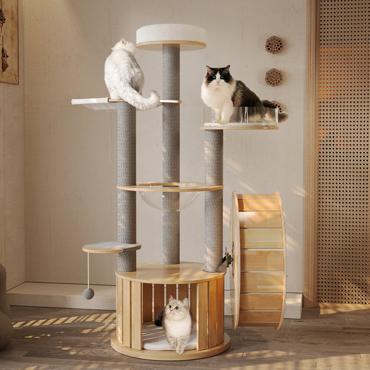 Treadmill Large Cat Tree for Indoor Cats, Multi-Level Wooden Cat Tower with Scratching Posts, Cat Condo & Cozy Cat House for Multiple Cats