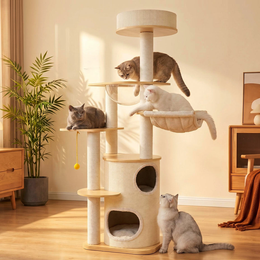 OFA04 Large Cat Tree for Indoor Cats, Multi-Level Wooden Cat Tower with Scratching Posts, Cat Condo & Cozy Cat House for Multiple Cats