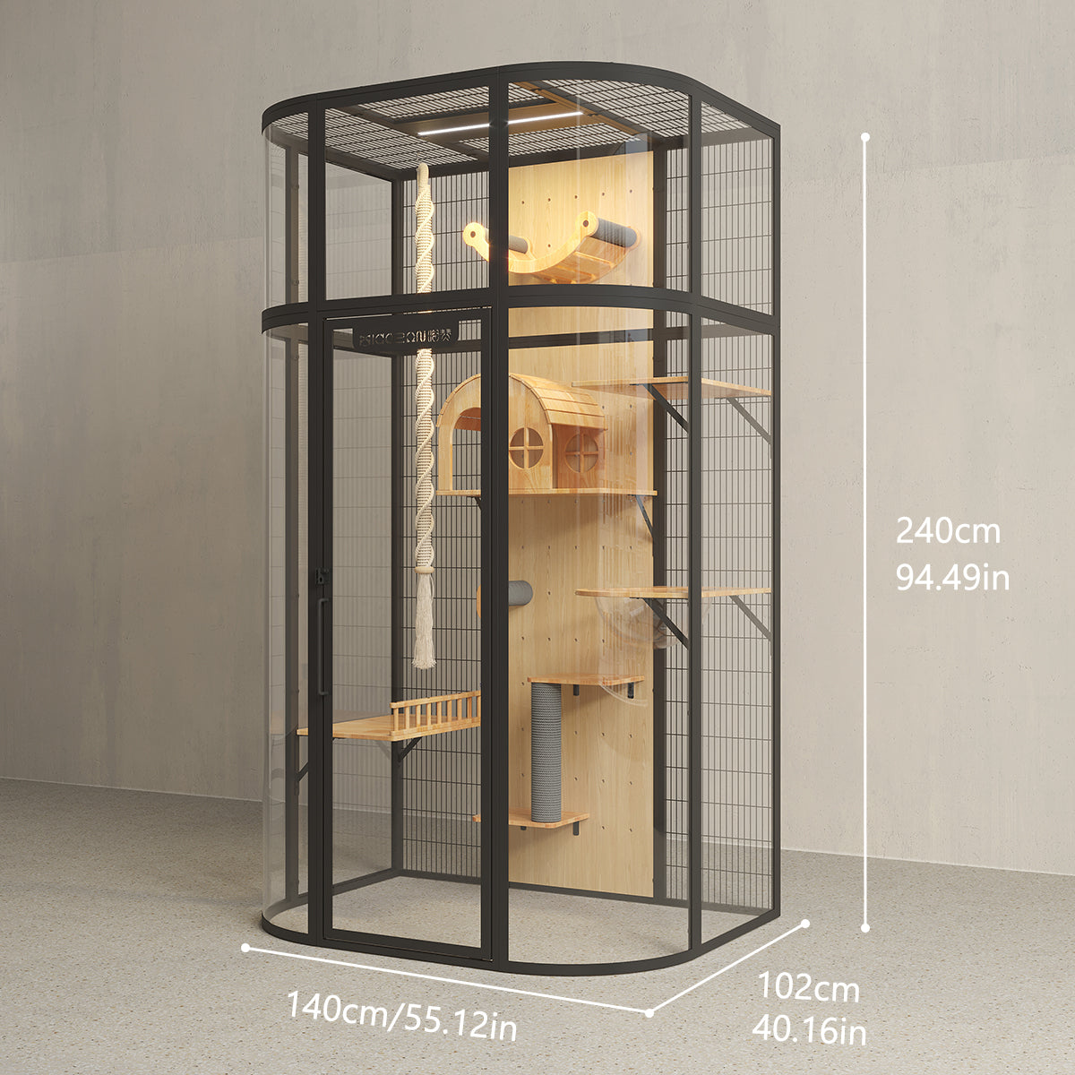 TIANMAO Luxury Panoramic Indoor Cat Villa – Large Cat Enclosure with Tempered Glass & Solid Wood