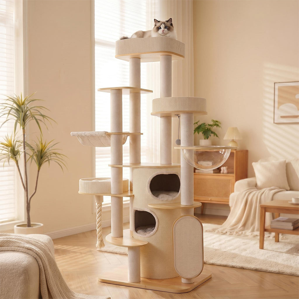 OFA06 Modern Multi-Level Cat Tree with Cozy Cat House, Hammock & Scratching Posts